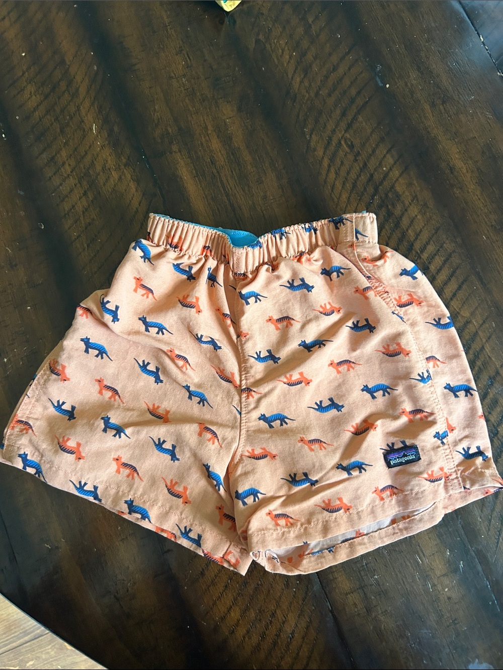 Patagonia Peach Shorts with Blue and Orange Fox Print